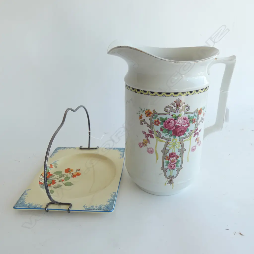 LG OLD PORCELAIN WATER JUG (H 295MM) + ART DECO ROYAL STAFFORDSHIRE 'BIARRITZ PLATE WITH METAL HANDLE (190 X 230MM) Image 1++