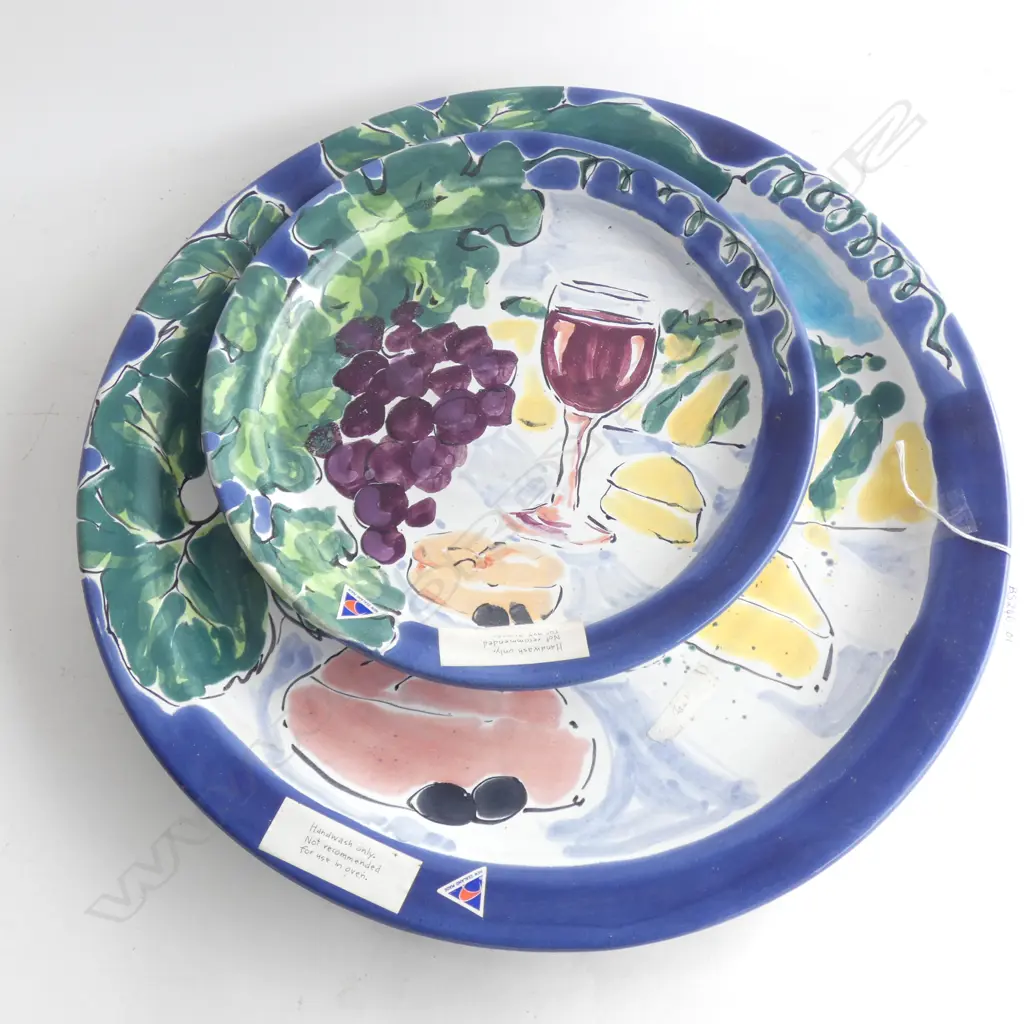 PR GRADUATED MORRIS & JAMES POTTERY GRAPE PATTERN PLATES; DIA 310 & 465MM C1980'S Image 1++