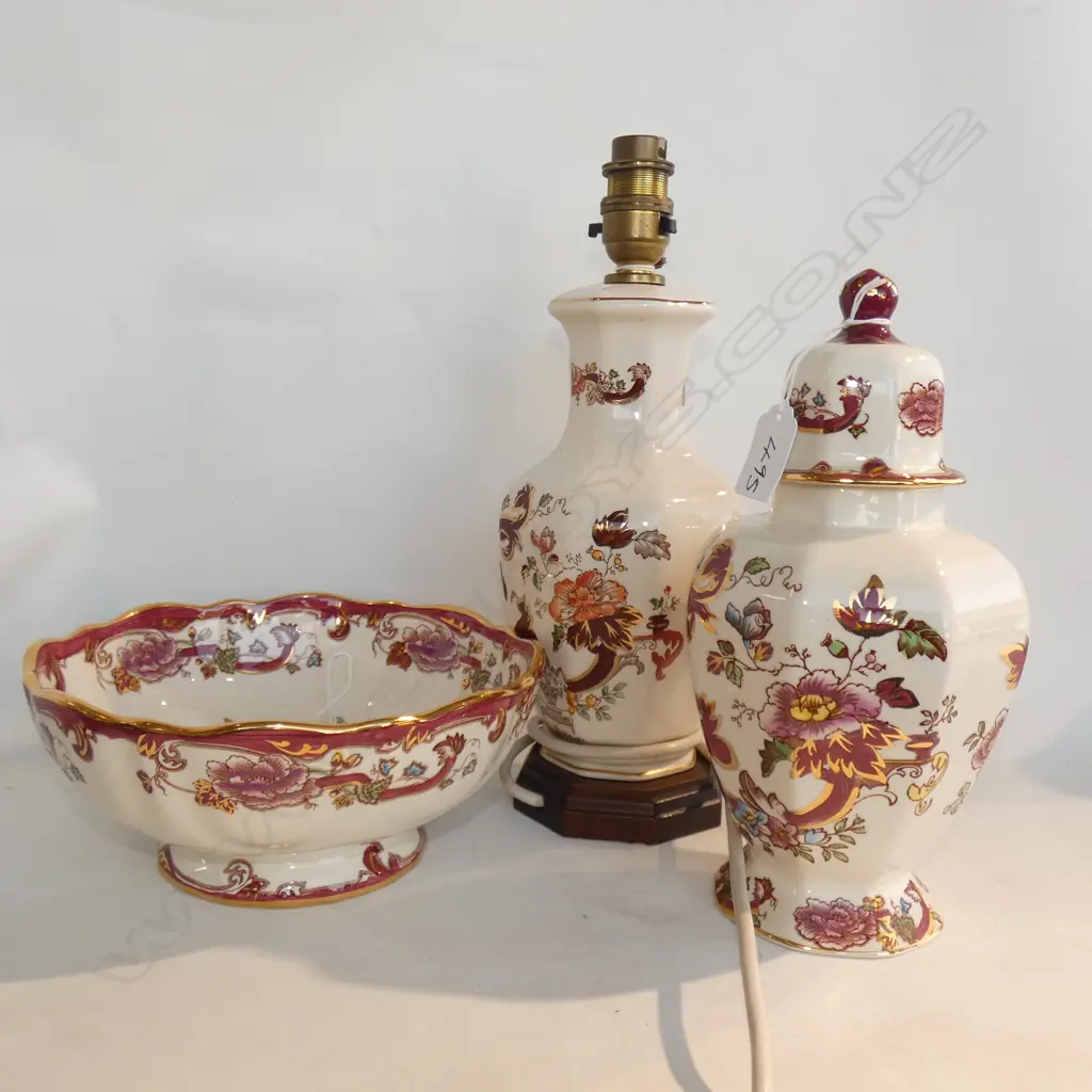 3 PCS MASONS IRONSTONE,LAMP, LIDDED VASE & BOWL, RED MANDERLAY PATTERN Image 1++