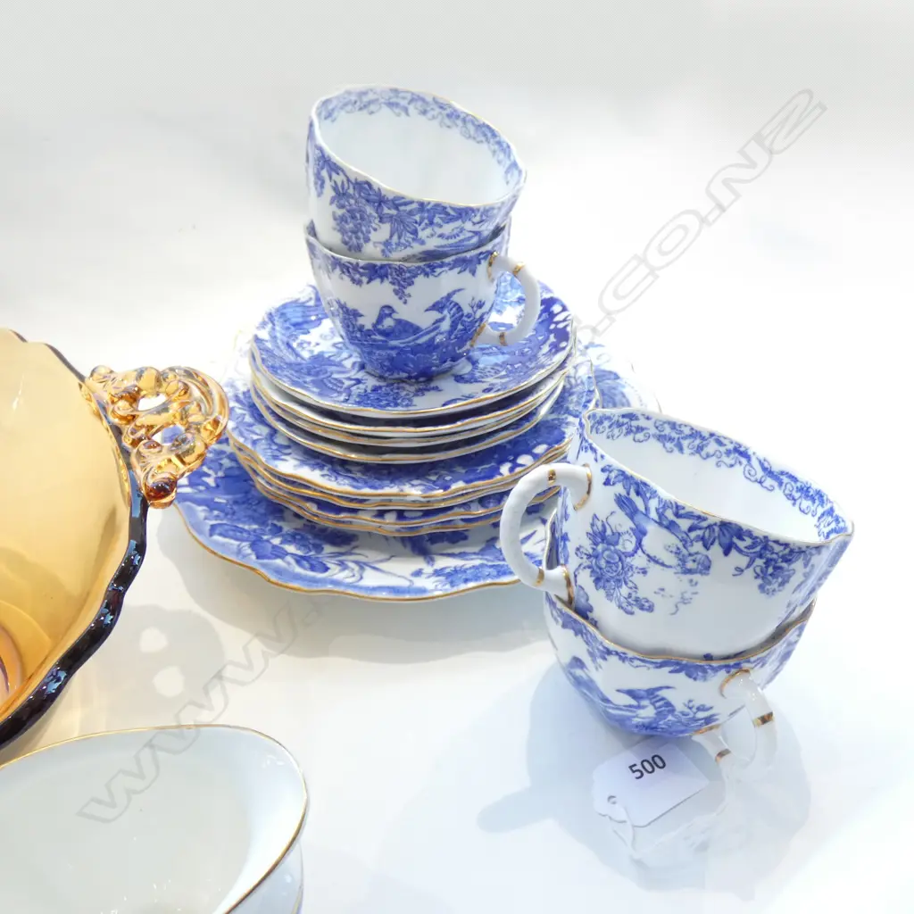 14 PCE ROYAL CROWN DERBY TEA SET + AMBER GLASS BOWL Image 1++