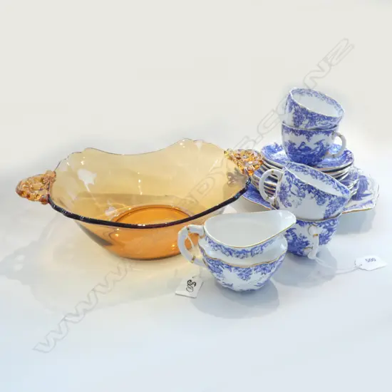 14 PCE ROYAL CROWN DERBY TEA SET + AMBER GLASS BOWL