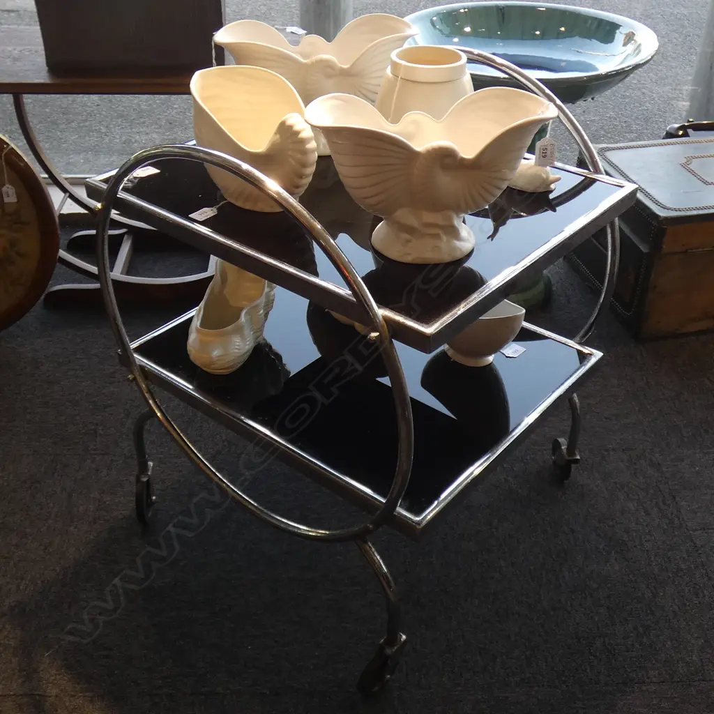 ART DECO BLACK GLASS & CHROME TEA TROLLEY L.585mm Image 1++