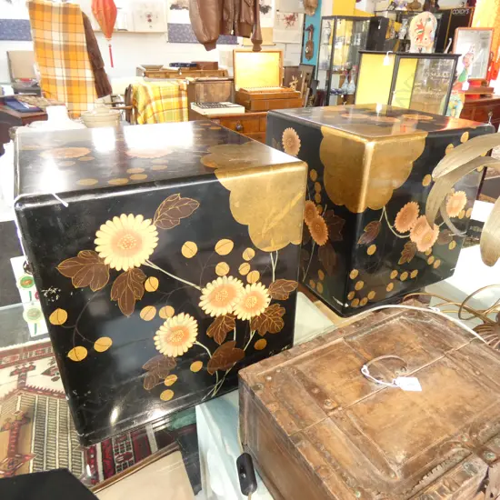 PR BLACK & GILT LACQUERED SQUARE SIDE TABLES...