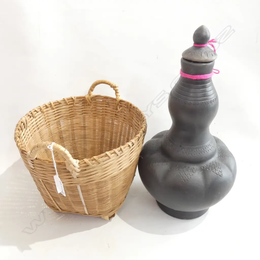 INDIAN LIDDED BOTTLE & CANE BASKET  Image 1++