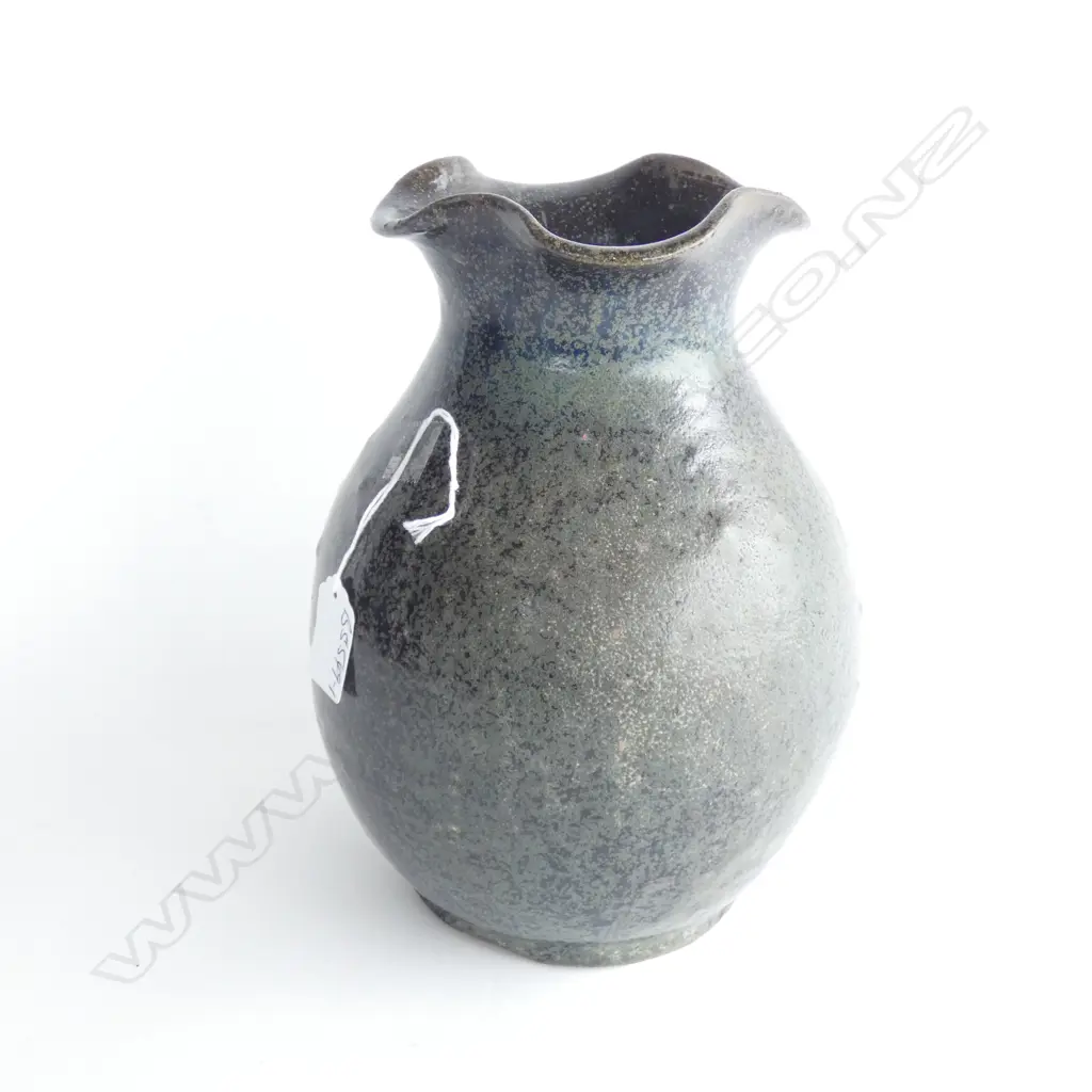 CHINESE BLACK GLAZED CERAMIC VASE FRILLED RIM H.240mm Image 1++