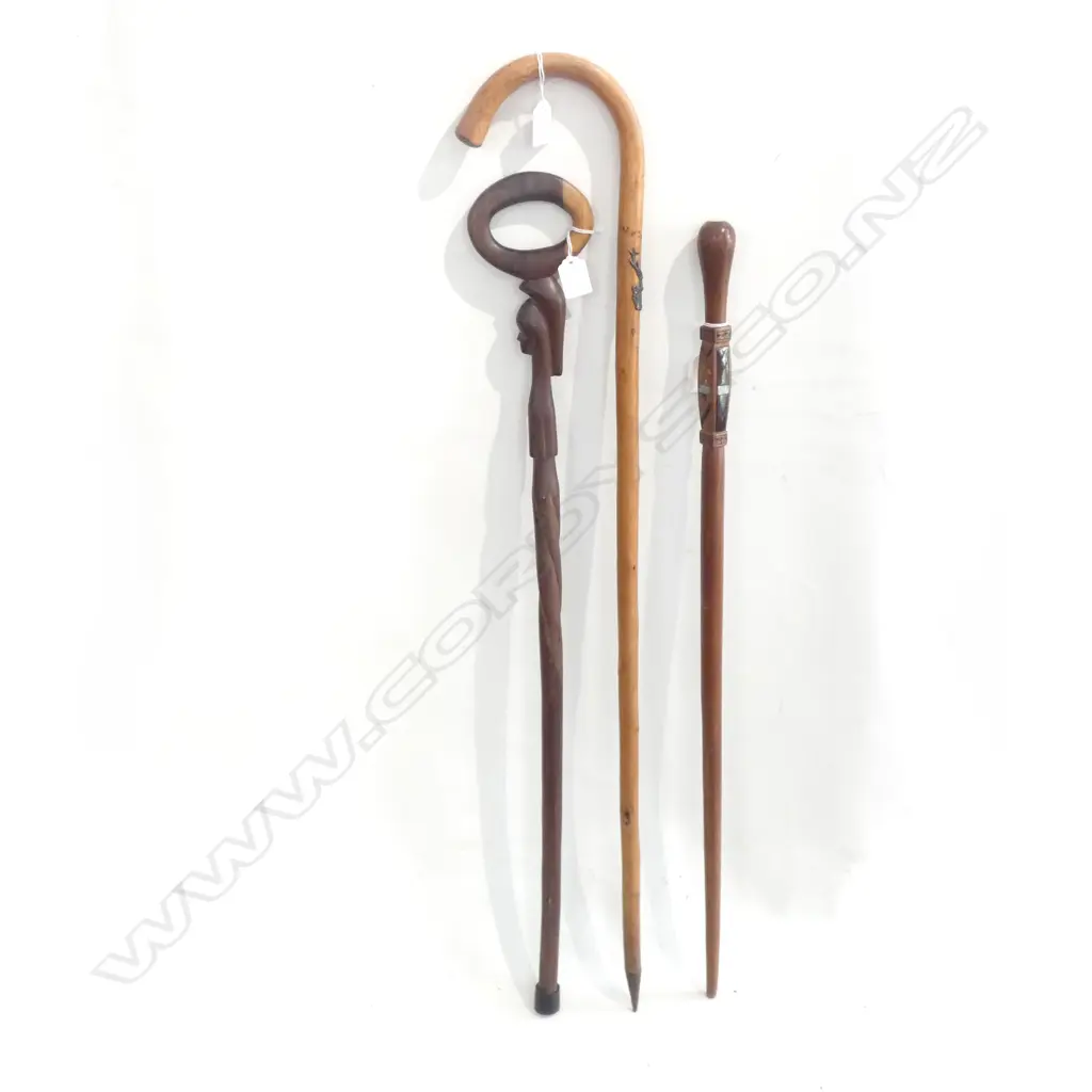 3 OLD WOODEN WALKING STICKS; CARVED / BAMBOO & INLAID  Image 1++