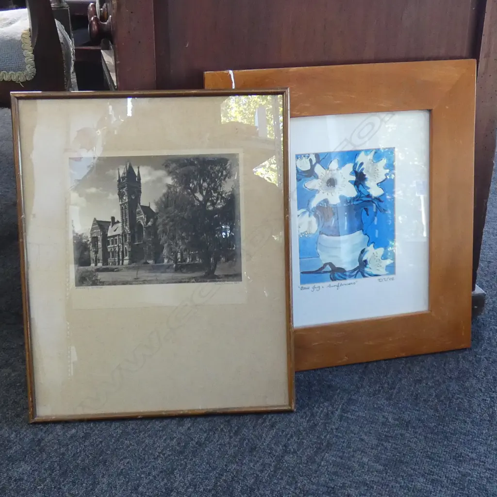 GEORGE CHANCE 'UNIVERSITY OF OTAGO' PHOTOGRAPH 160x210mm + BLUE JUG w. SUNFLOWERS Image 1++