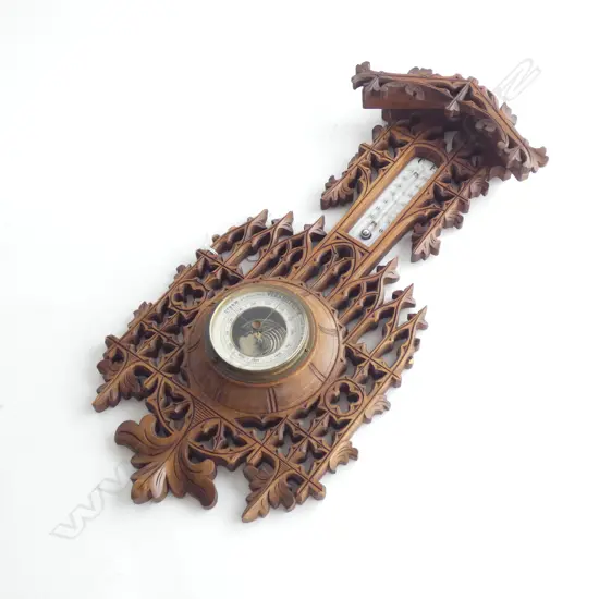 CARVED WOODEN GOTHIC STYLE DUTCH BAROMETER H.520mm