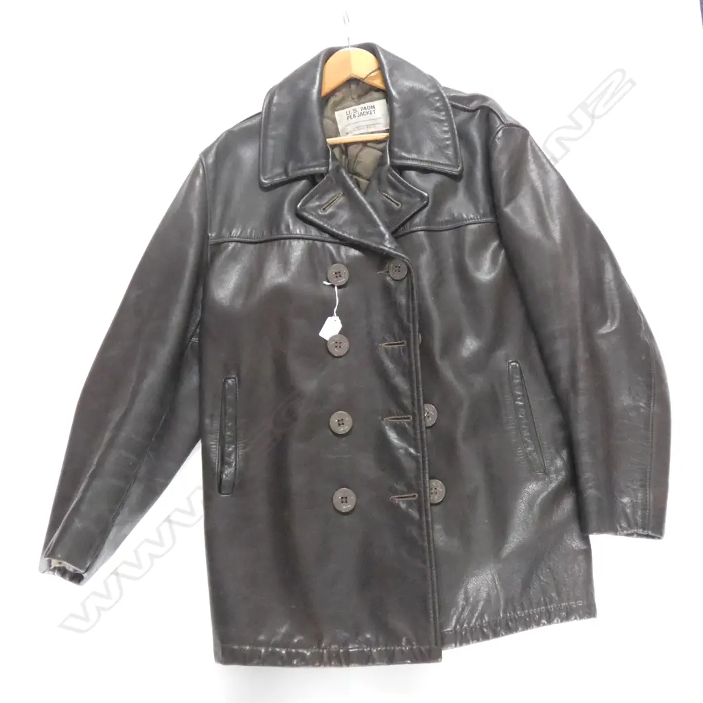 DOUBLE BREASTED DARK BROWN PEA SCHOTT LEATHER DRESS JACKET SIZE 42... Image 1++