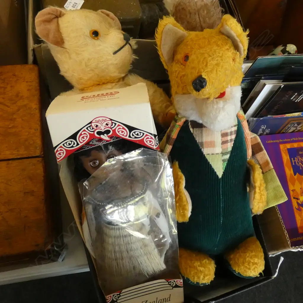 BOX LOT PEDIGREE TEDDY BEAR, FOX, MAORI DOLL ETC Image 1++
