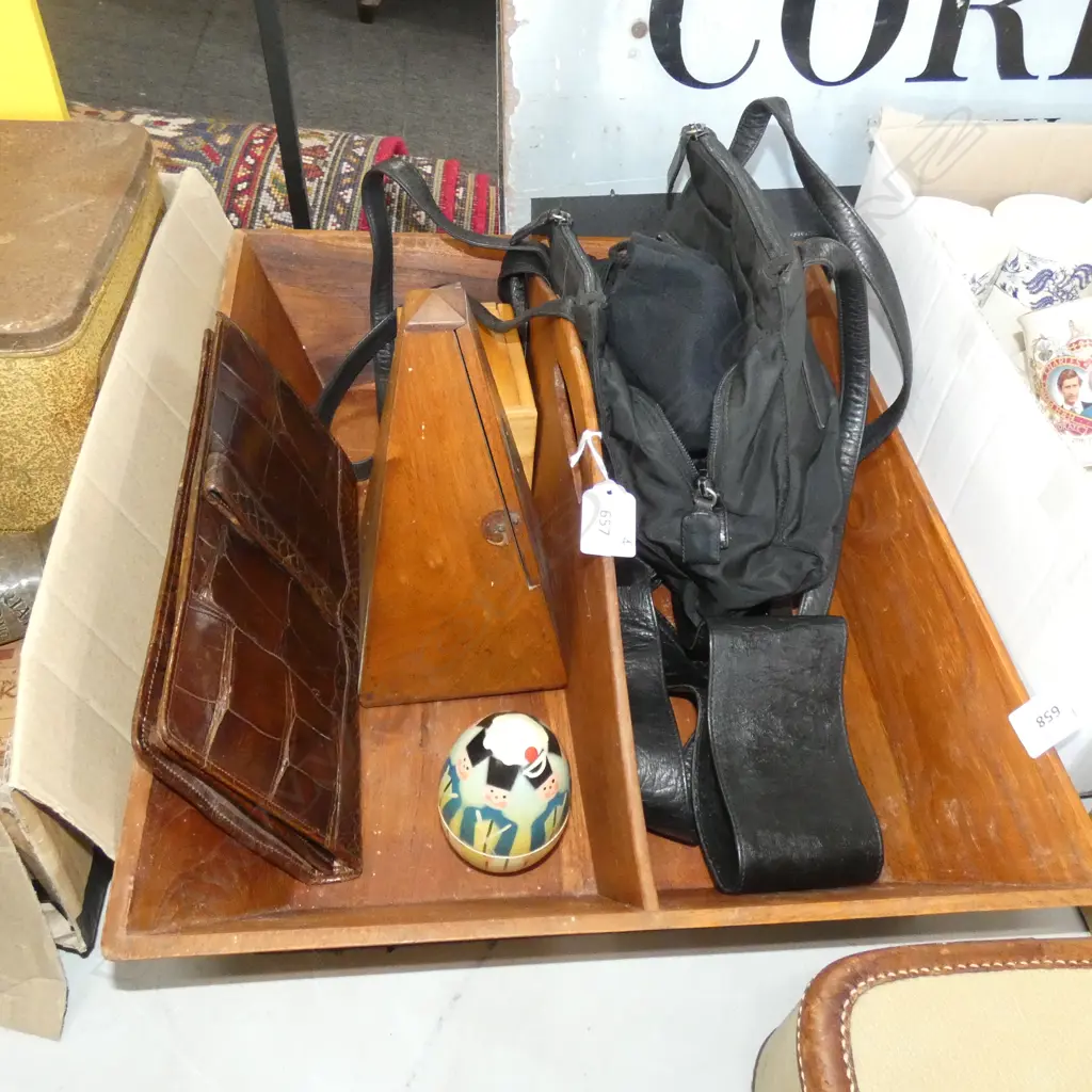 WOODEN CUTLERY TRAY + ASST. CONTENTS; PURSE, PRADA BAG ETC... Image 1++