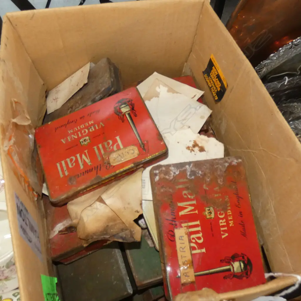 BOX OF OLD TINS WITH STAMPS Image 1++