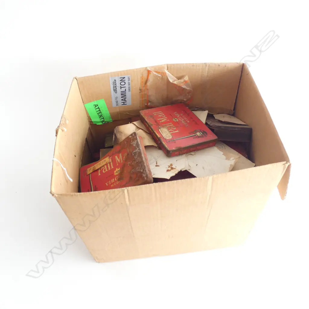 BOX OF OLD TINS WITH STAMPS Image 1++