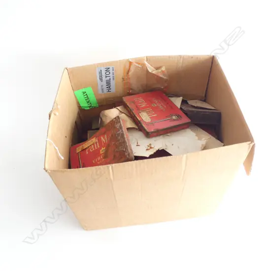 BOX OF OLD TINS WITH STAMPS
