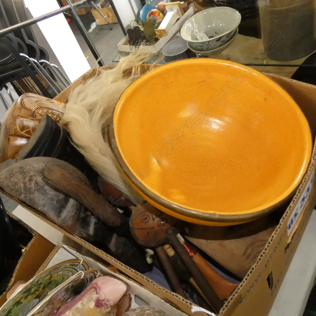 BOX LOT ASST. WOODEN TRIBAL ITEMS + YELLOW BOWL 260mm dia Image 1++