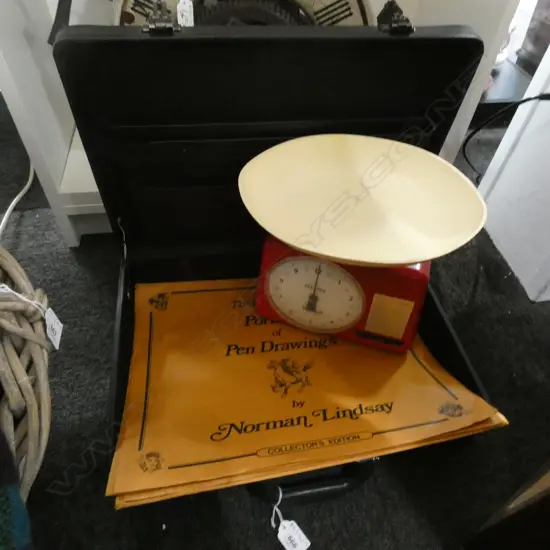BLACK SUITCASE w. FOLIO OF NORMAN LINDSAY PRINTS, KITCHEN SCALES...