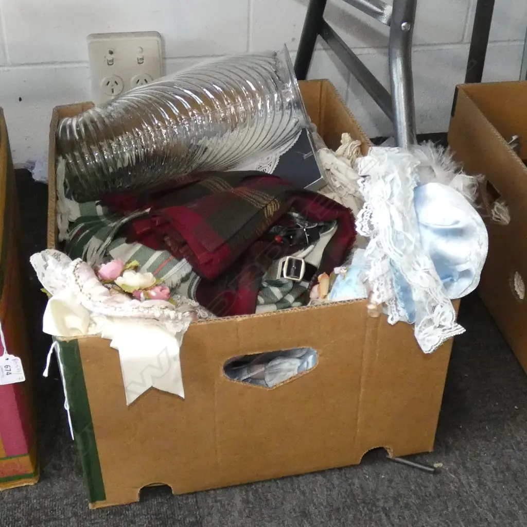 BOX LOT HILLVIEW LANE DOLLS, 2 KILT SKIRTS w. MATCHING SCARFS, LINENS ETC Image 1++