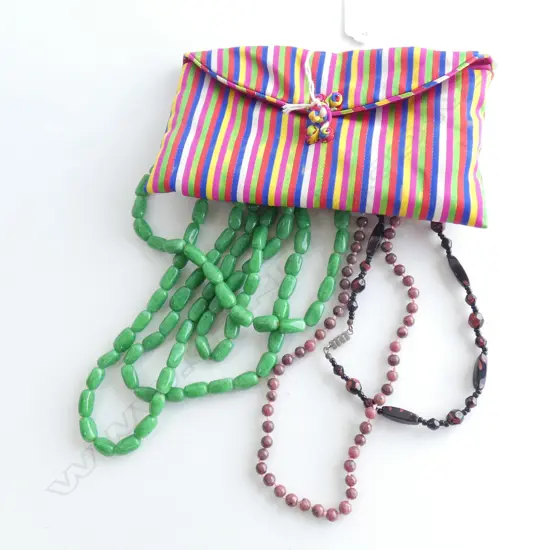 3 NECKLACES; GREEN DYED AGATE? ETC