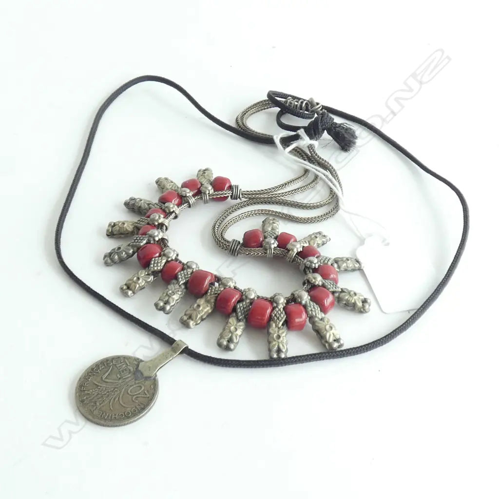 TRIBAL SILVER & & RED BEAD NECKLACE + OLD COIN NECKLACE Image 1++