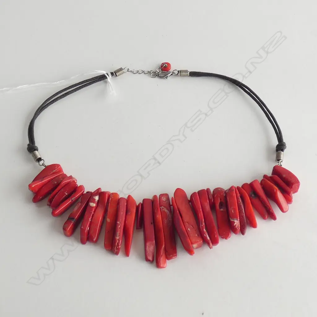 RED CORAL ? NECKLACE GRADUATING BARS CORD BACK Image 1++