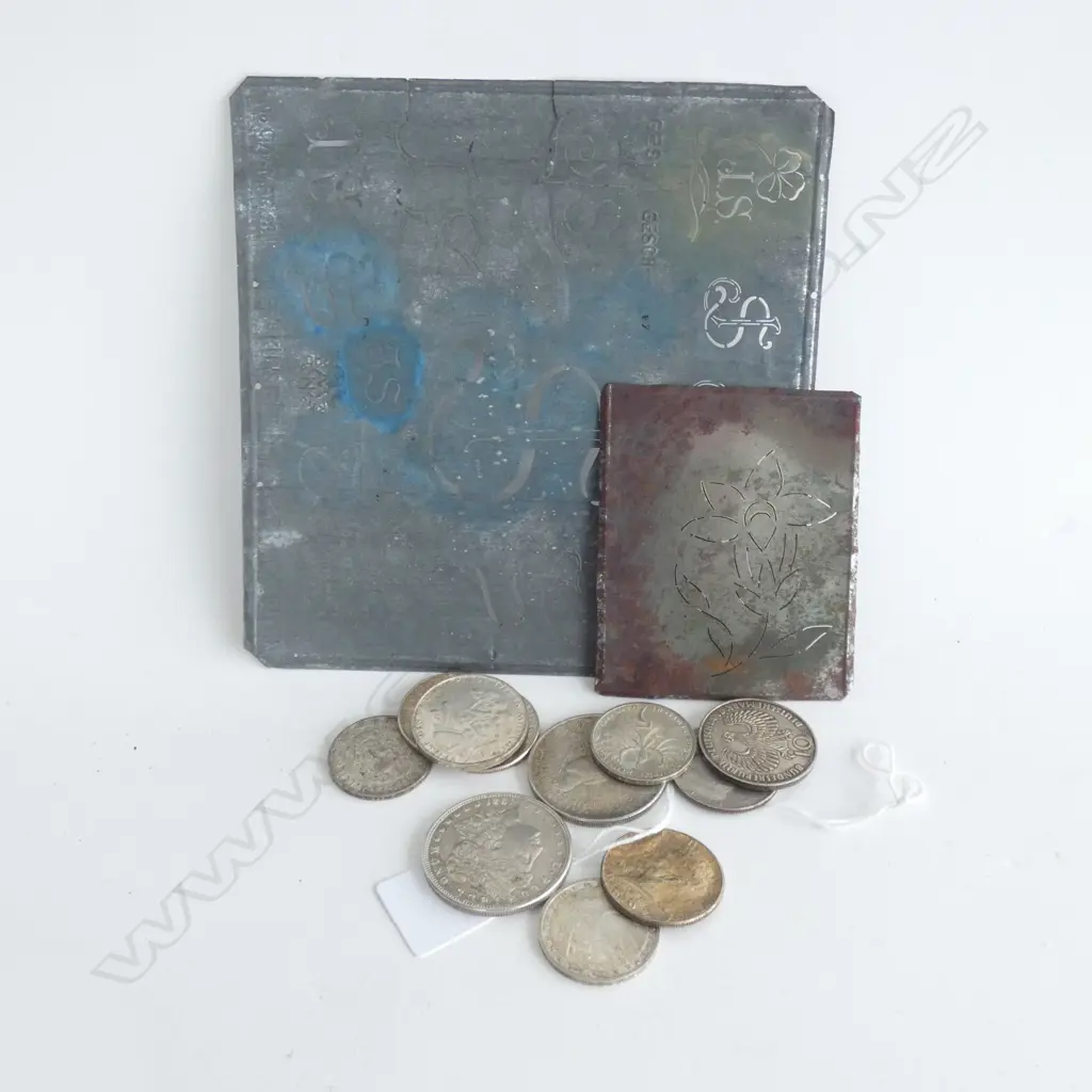 SM BAG COINS PLUS OLD LETTERING & FLOWER TEMPLATE APPROX 100 YRS OLD Image 1++