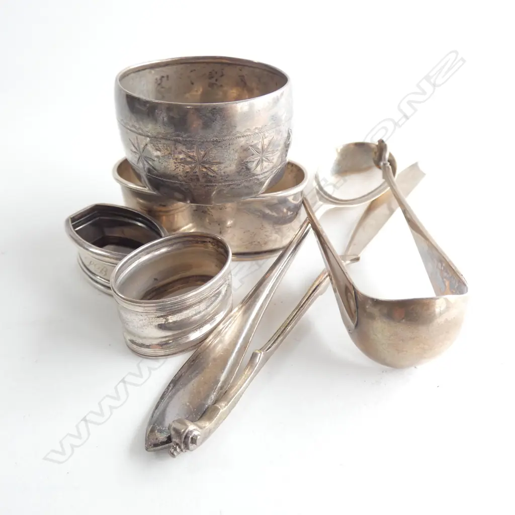 DUTCH SILVER. 4 NAPKIN RINGS + 3 UTENSILS... Image 1++