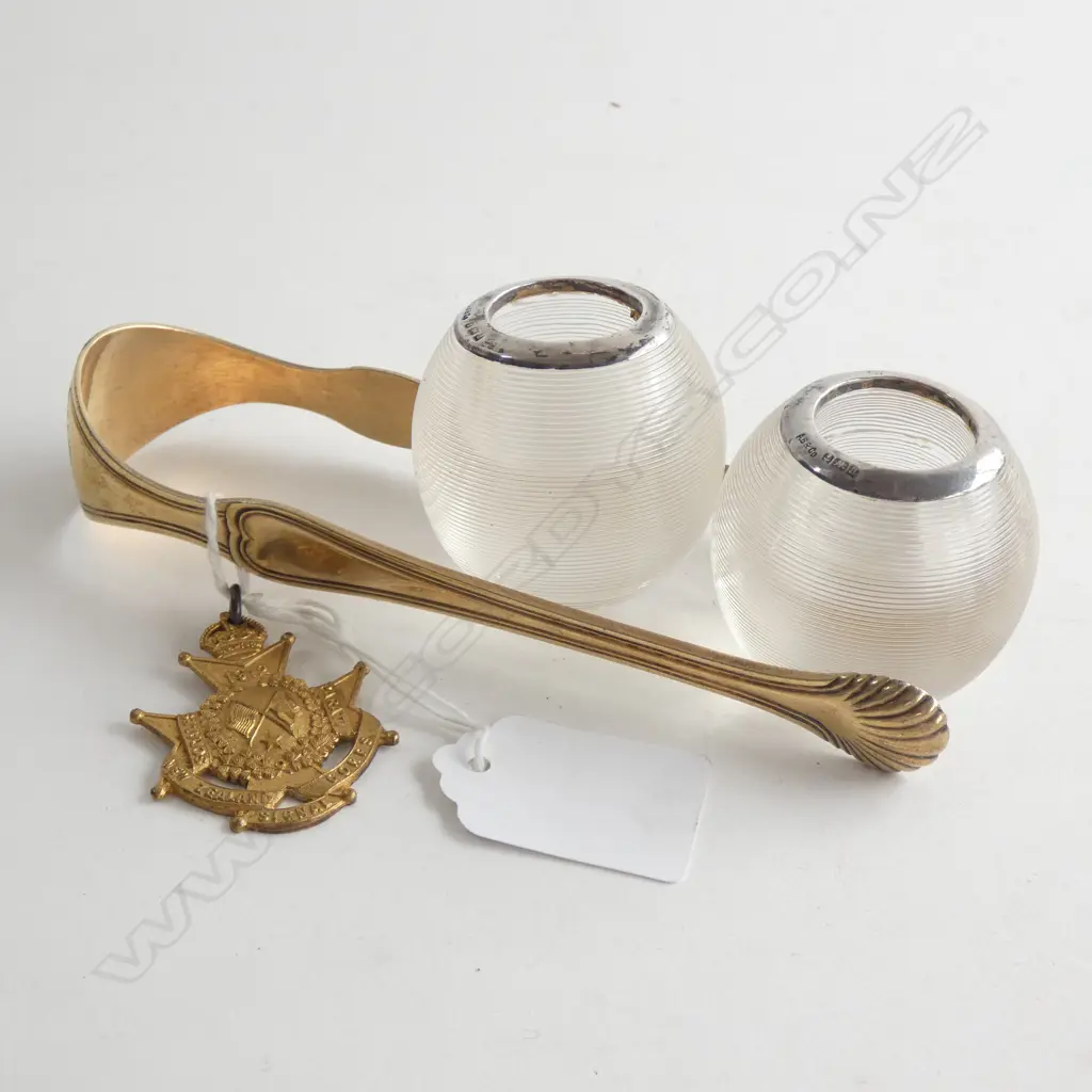 PR STG SILVER RIMMED MATCH STRIKERS, FRENCH SILVER GILT TONGS (53 GRAMS) + WWI MEDAL Image 1++