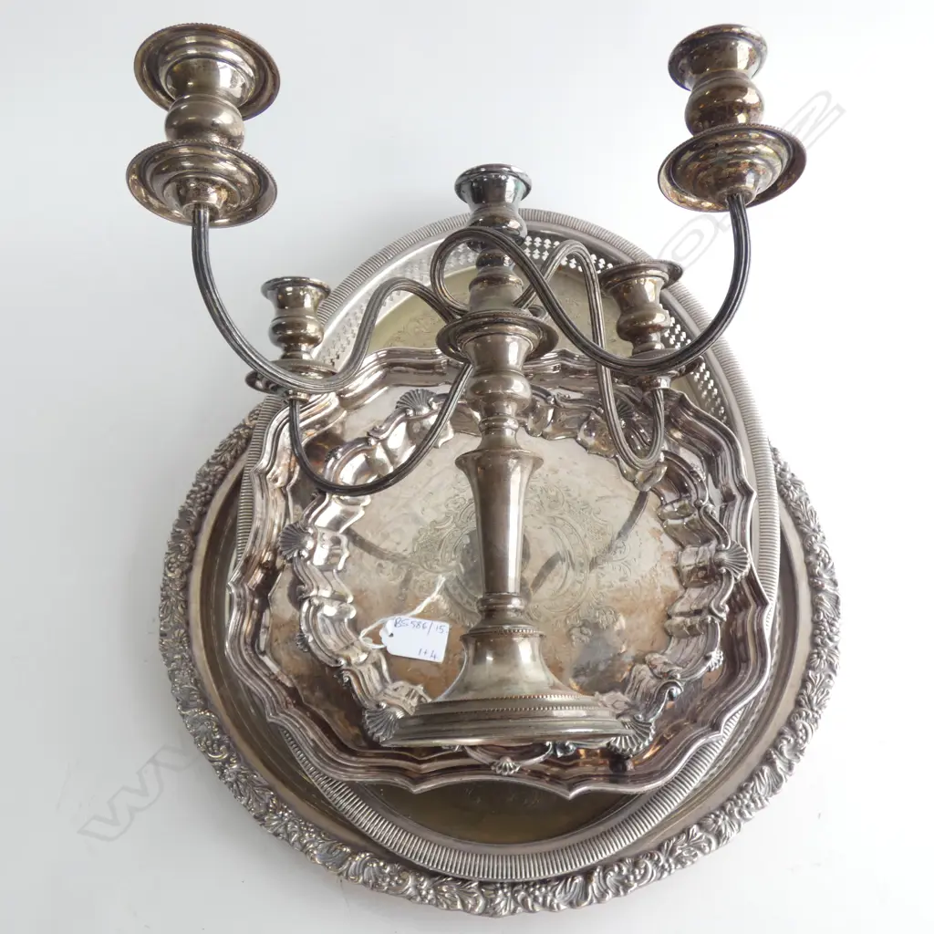 4 SILVER PLATE TRAYS; REPRO SHEFFIELD PLATE + OSP CANDELABRA Image 1++