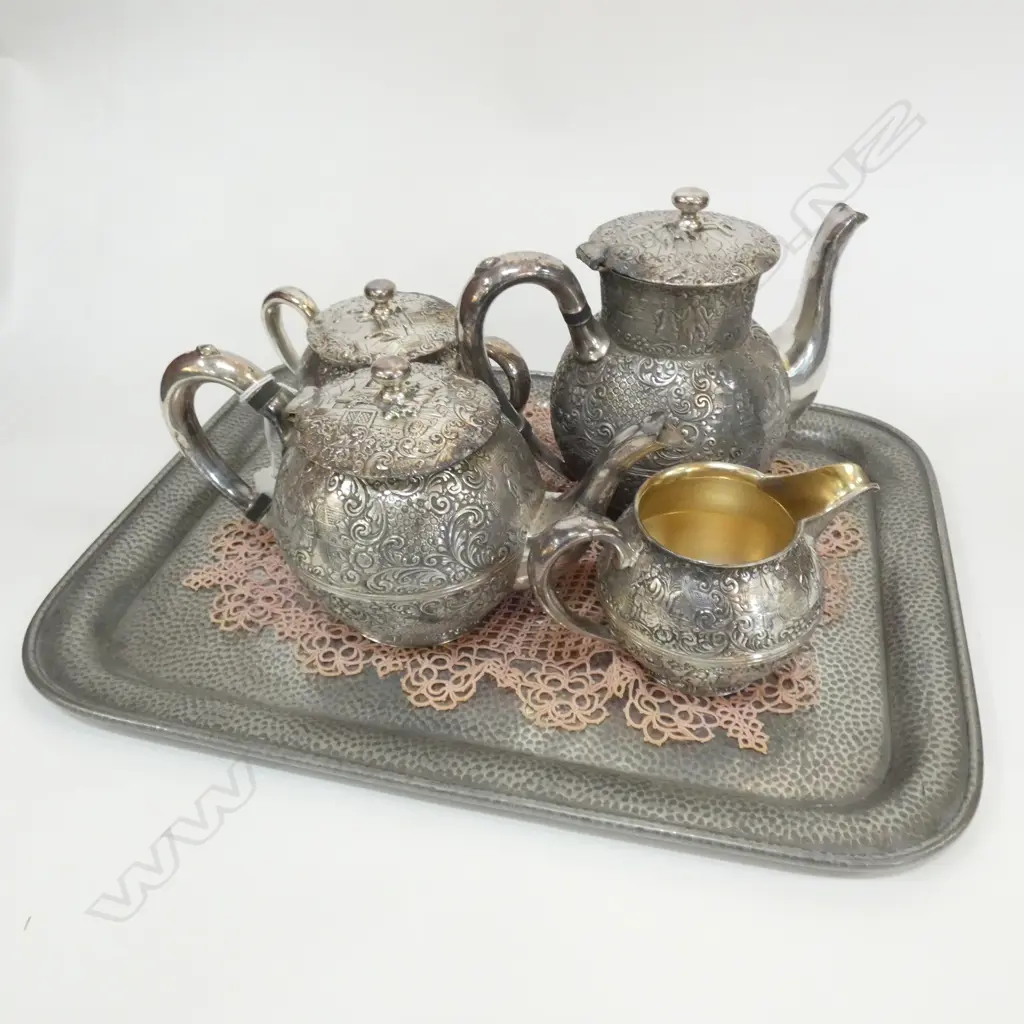 4 PCE SILVER PLATE TEA SET + PEWTER TRAY Image 1++