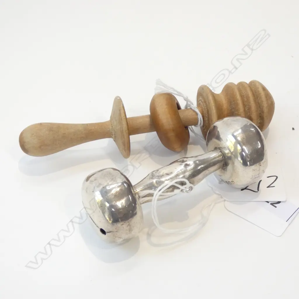 SILVER BABY RATTLE DUMBBELL AND TURNED WOOD BABY RATTLE Image 1++