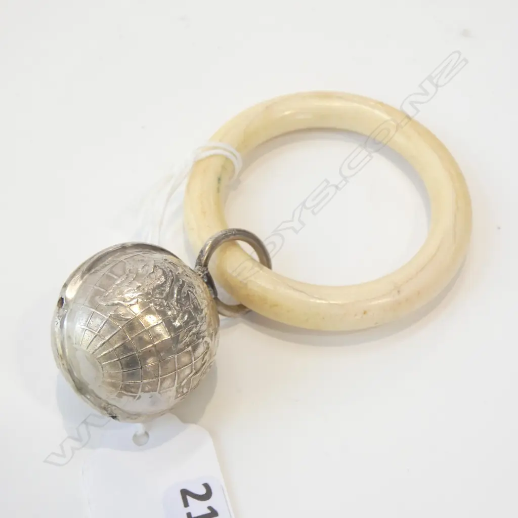 SILVER BABY RATTLE GLOBE WITH IVORINE RING Image 1++