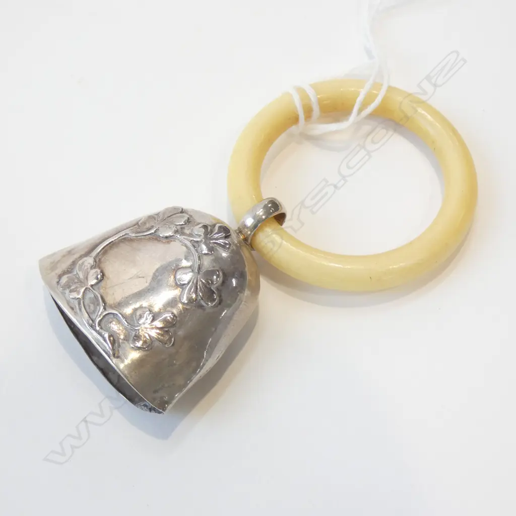 SILVER BABY BELL RATTLE WITH IVORINE RING Image 1++
