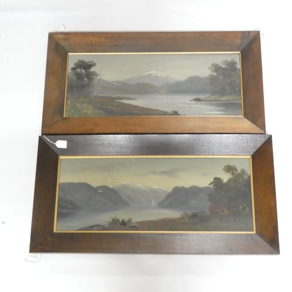 2 PAUL WREN COLONIAL LANDSCAPE OILS; 'LAKE MANAPOURI' & 'LAKE ADA' 230x590mm IN ORIG. OAK FRAMES  Image 1++