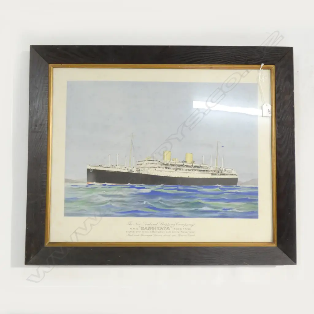 COLOURED LITHOGRAPH OF NZ SHIPPING CO. 'RANGITATA' OAK FRAME 560x690 overall Image 1++