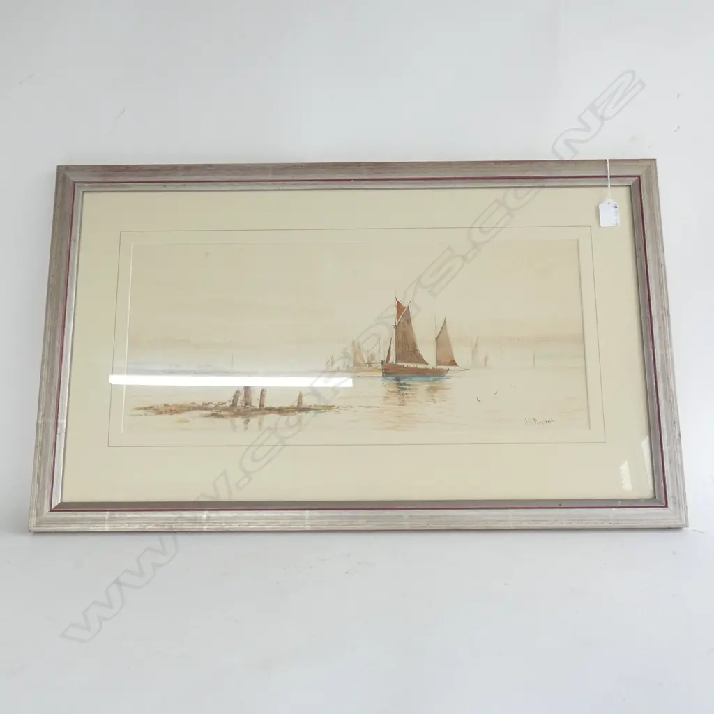 JA BRYANT COASTAL SCENE AUCKLAND HARBOUR WATERCOLOUR 240 X 56 MM Image 1++