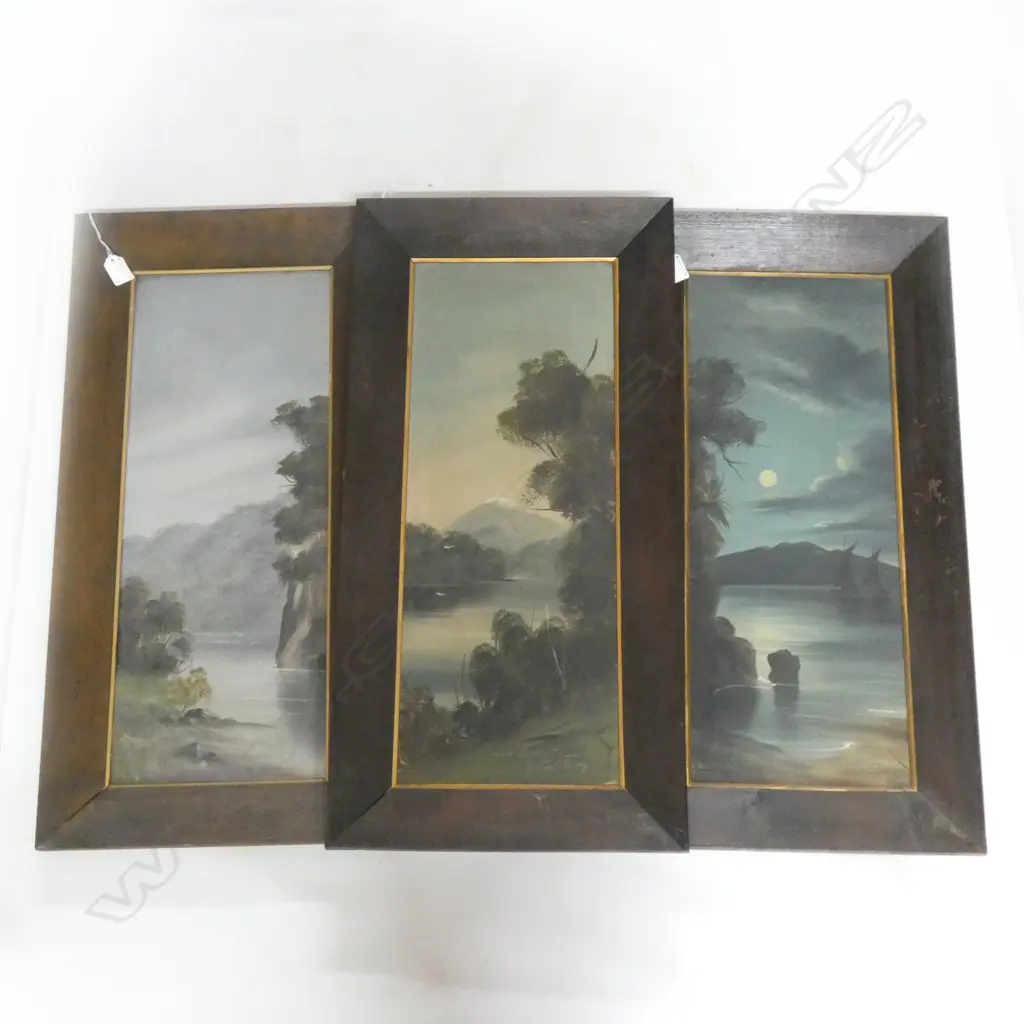 3 PAUL WREN COLONIAL LANDSCAPE OILS; 'GREY RIVER', 'RANGITOTO BY MOONLIGHT' & 'LAKE BRUNNER' 595x230mm Image 1++