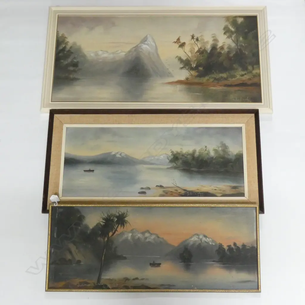 3 COLONIAL LANDSCAPE OILS BY H T GARRETT (DE RITZ) 'DIAMOND LAKE', 'LAKE TE ANAU' & 'MITRE PEAK' 330x710mm Image 1++