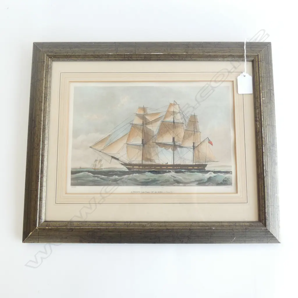 VINTAGE NAUTICAL FRAMED PRINT 'FRIGATE OF 36 GUNS' N FIELDING 1840  185 X 270MM Image 1++