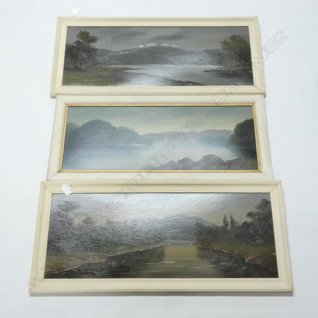 3 PAUL WREN COLONIAL LANDSCAPE OILS' LAKE ADA', 'WAIRAU RIVER' & 'PELORUS SOUND' 225x585mm Image 1++