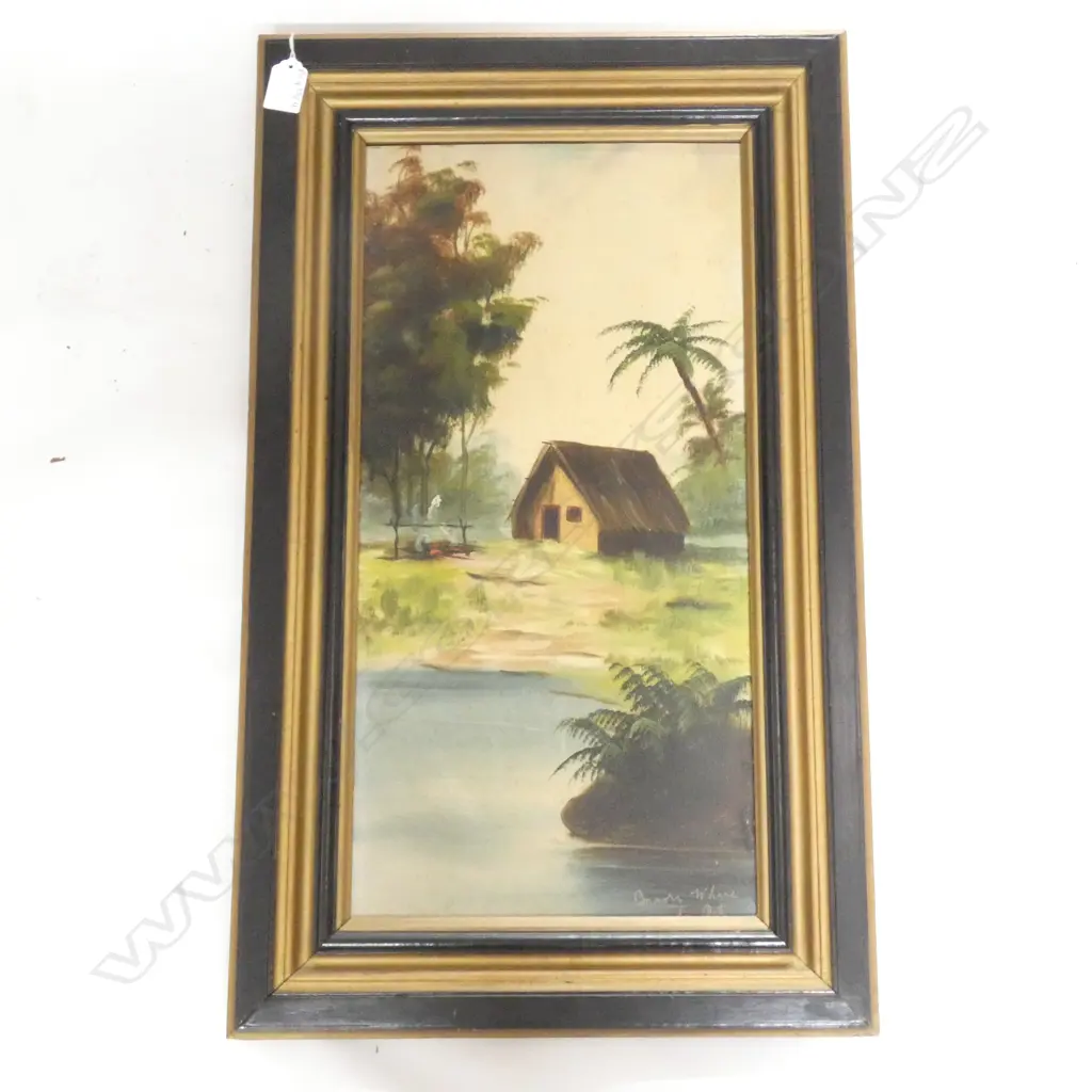 H T GARRATT (DE RITZ) (1875-1953) 'MAORI WHARE' COLONIAL OIL 500x250mm  Image 1++