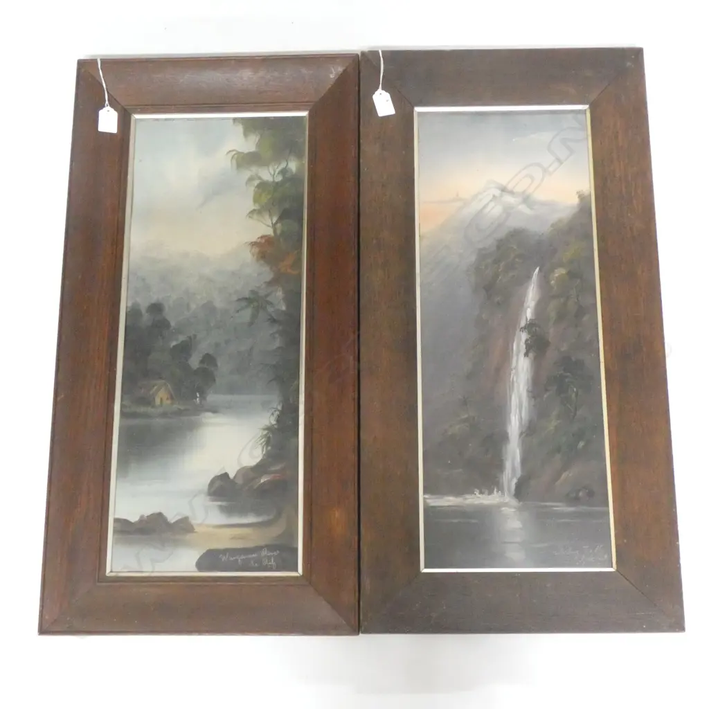 H T GARRATT (DE RITZ) (1875-1953) 2 COLONIAL LANDSCAPE OILS; 'WANGANUI RIVER' & 'STERLING FALLS' 610x230mm Image 1++