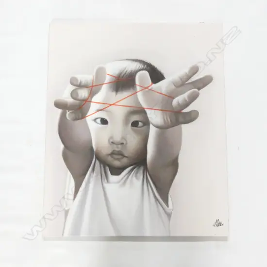 OIL ON CANVAS CHILD PLAYING CAT'S CRADLE ("in the style of" Zhu Yiyong ) 610 X 510mm