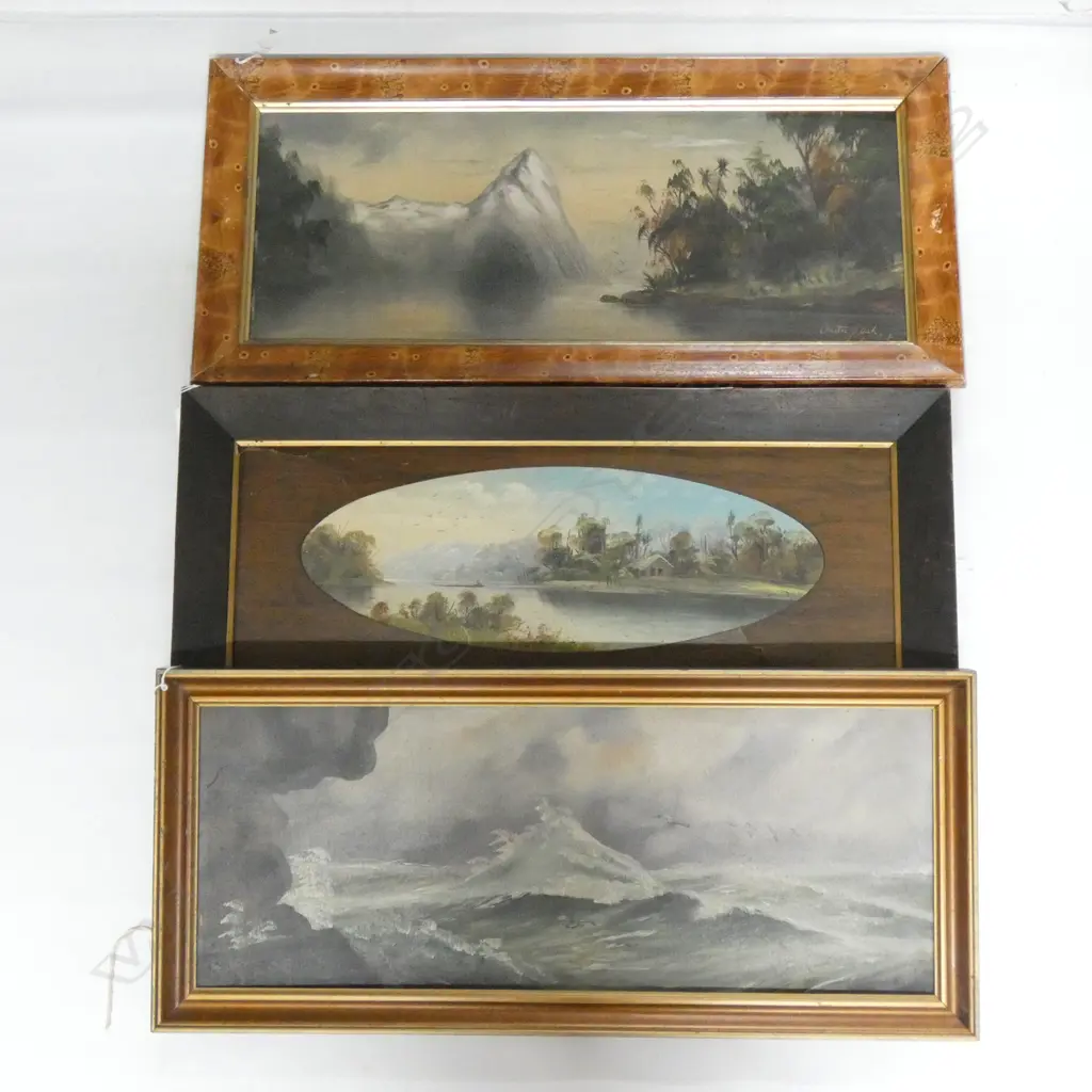3 COLONIAL LANDSCAPE OILS BY H T GARRETT (DE RITZ) 'A STORM', 'MITRE PEAK' & OTHER 240x630mm Image 1++