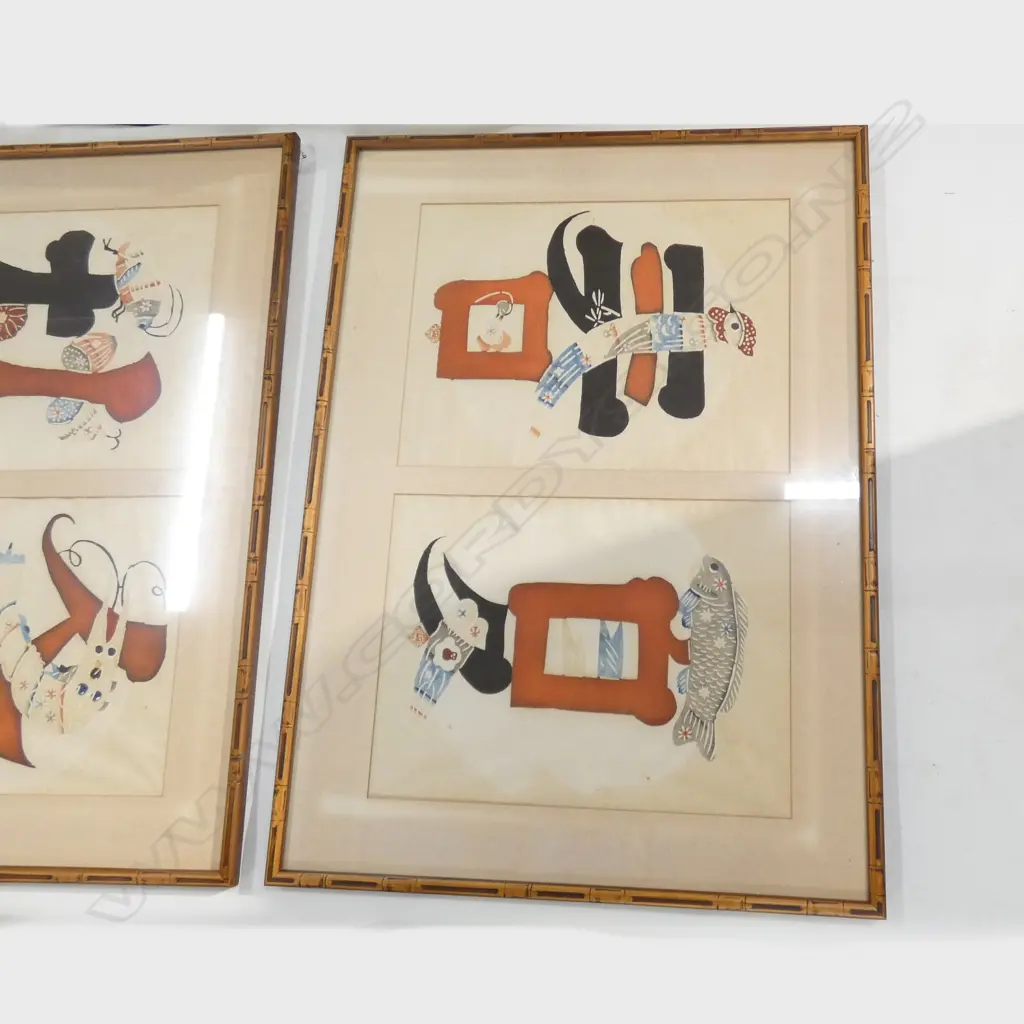PR JAPANESE WOODBLOCK PRINTS w. BUG, SHRIMP, ROOSTER & FISH CALLIGRAPHY 400x300mm Image 1++