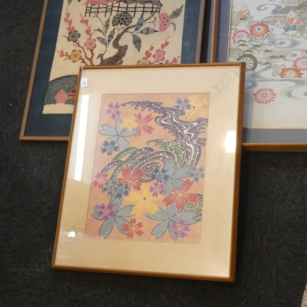 3 VINTAGE JAPANESE ARTWORKS; 2 ON FABRIC 900x580mm Image 1++