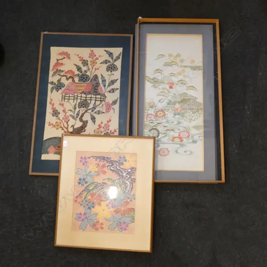 3 VINTAGE JAPANESE ARTWORKS; 2 ON FABRIC 900x580mm