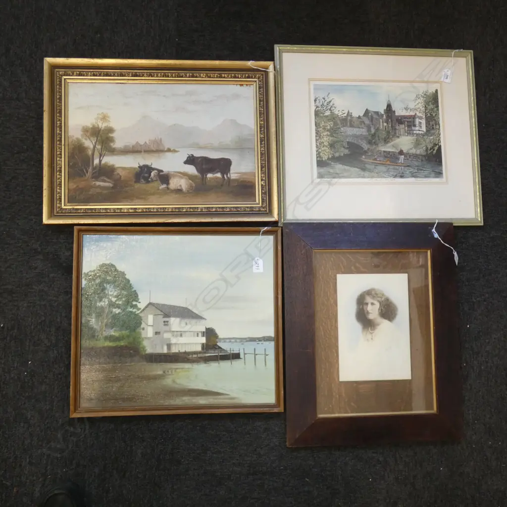 4 FRAMED ART; 2 OIL ON BOARD; 1 PORTRAIT WATERCOLOUR + LTD ED PRINT LARGEST 445 X 300MM Image 1++