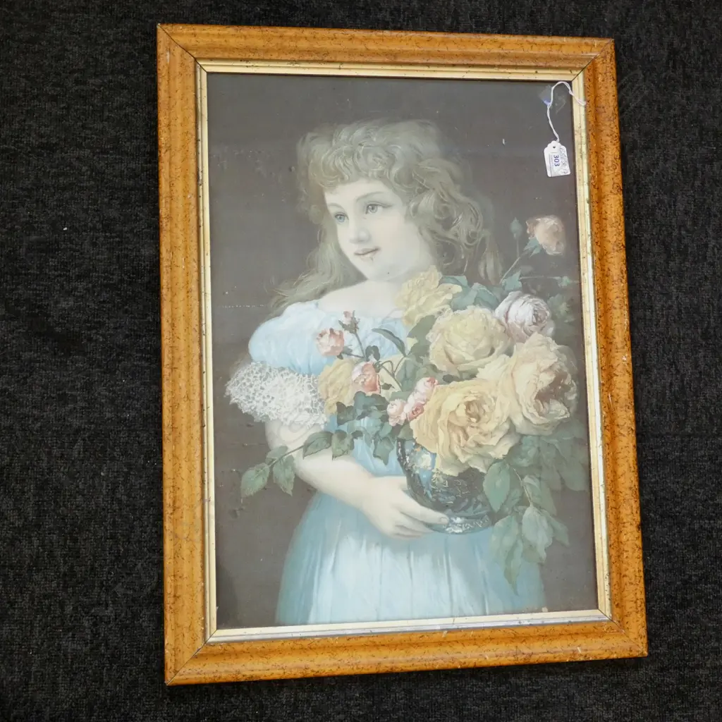 VICTORIAN FRAMED CHROMOLITHOGRAPH GIRL W FLOWERS 645 X 475mm Image 1++