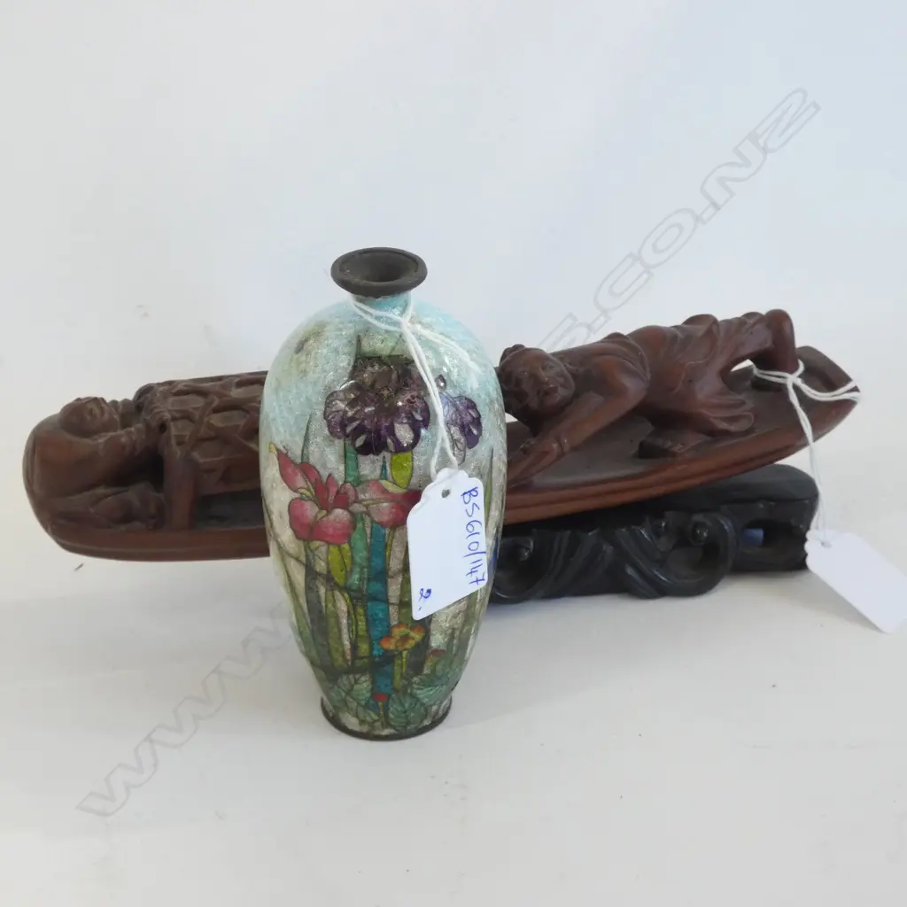 CLOISONNE VASE & CARVED WOODEN INCENSE HOLDER L.230mm Image 1++