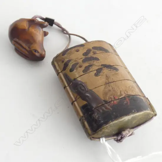 OLD JAPANESE FIVE SECTION INRO w BOXWOOD NETSUKE CARVED AS A HARE